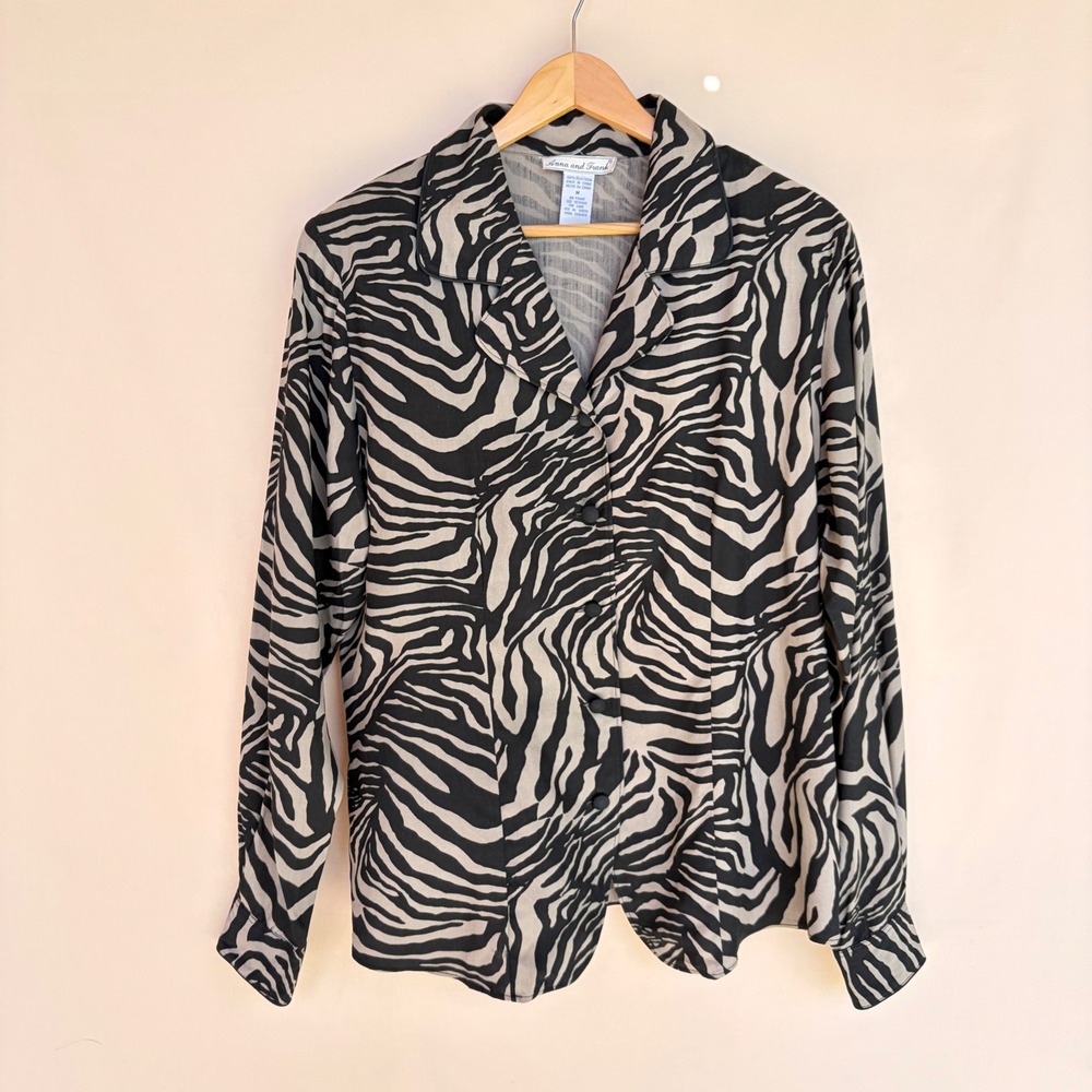 Anna and Frank Blouse Women Medium Black Zebra Silk Button Down Animal Print Top